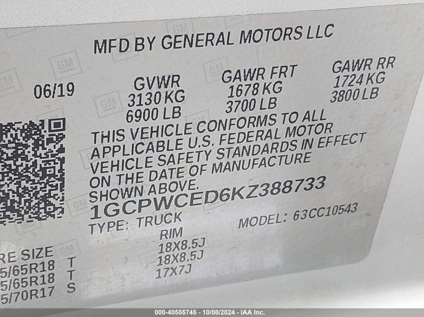 1GCPWCED6KZ388733 2019 Chevrolet Silverado 1500 Lt