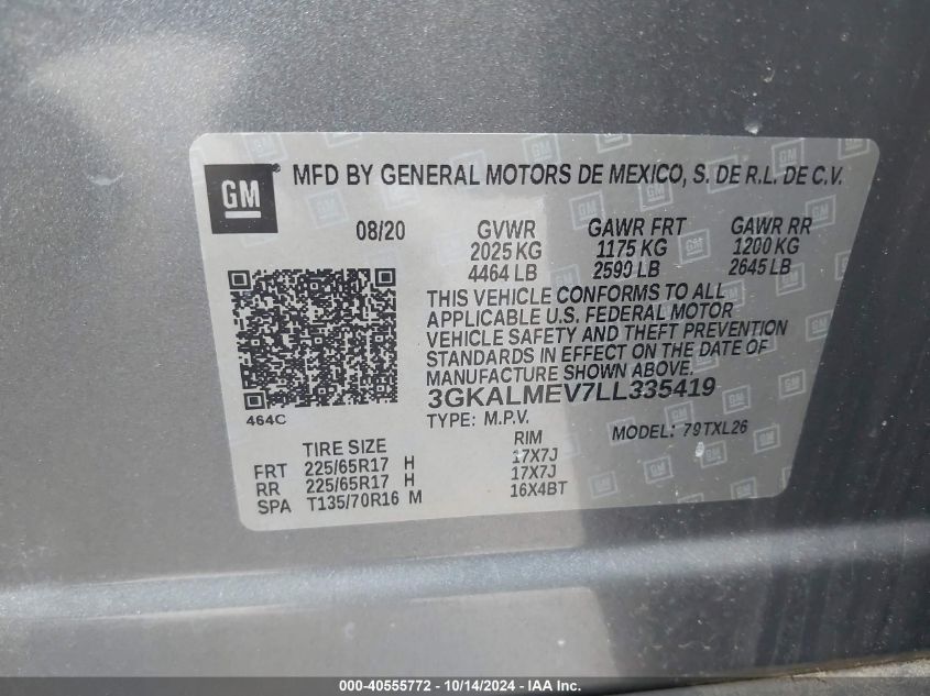 2020 GMC Terrain Fwd Sle VIN: 3GKALMEV7LL335419 Lot: 40555772