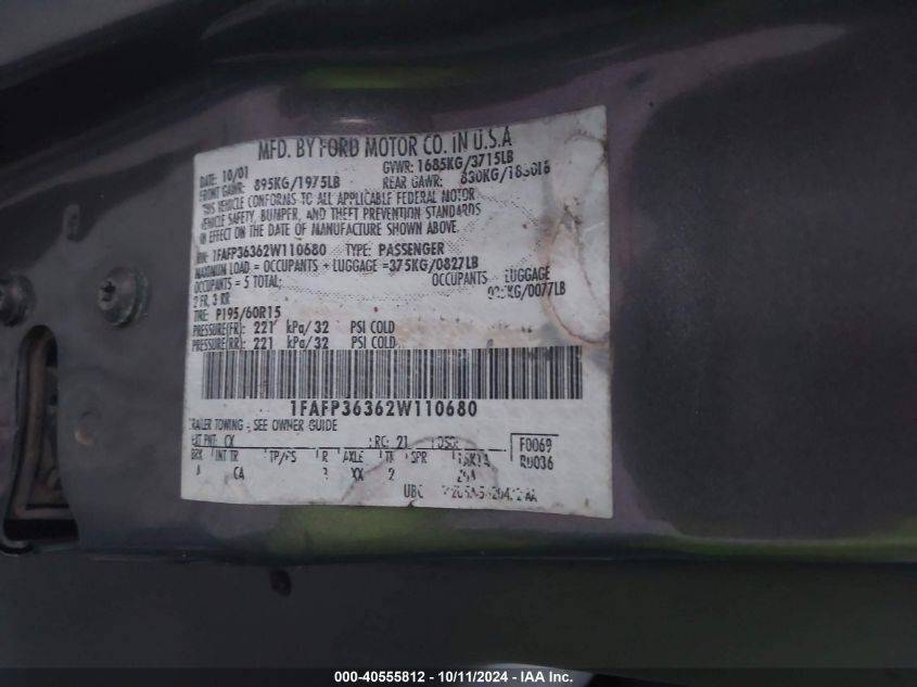 1FAFP36362W110680 2002 Ford Focus Se/Ztw