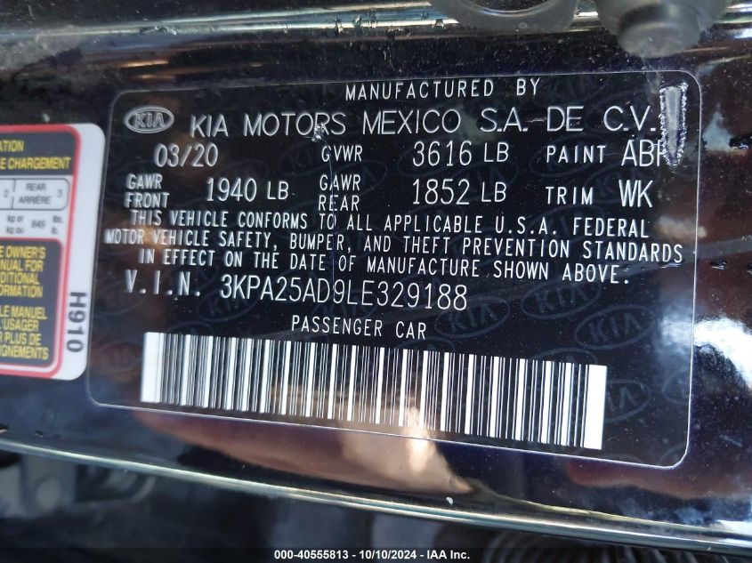 2020 Kia Rio 5-Door S VIN: 3KPA25AD9LE329188 Lot: 40555813