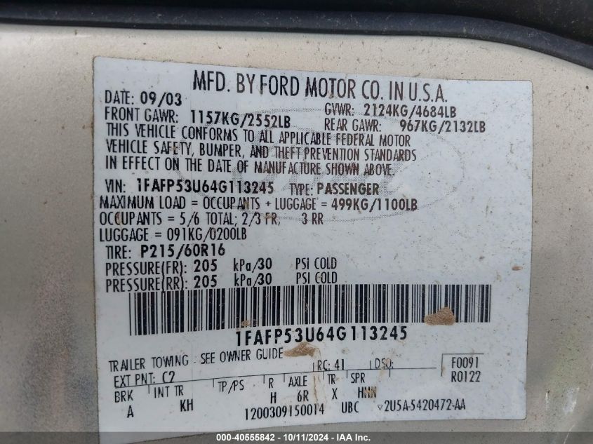 1FAFP53U64G113245 2004 Ford Taurus Se