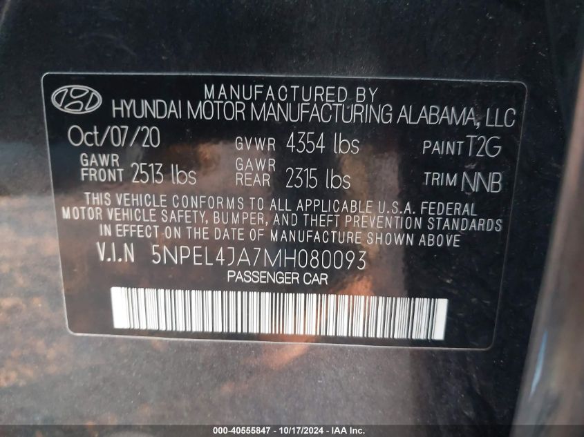 2021 Hyundai Sonata Sel VIN: 5NPEL4JA7MH080093 Lot: 40555847