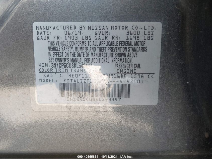 3N1CP5CU8KL543447 2019 Nissan Kicks S/Sr/Sv