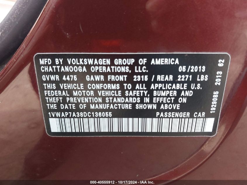 2013 Volkswagen Passat 2.5L Wolfsburg Edition VIN: 1VWAP7A38DC136055 Lot: 40555912