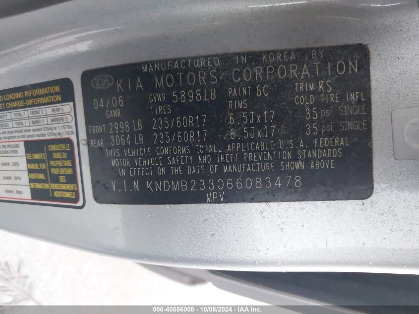 KNDMB233066083478 2006 Kia Sedona Ex/Lx