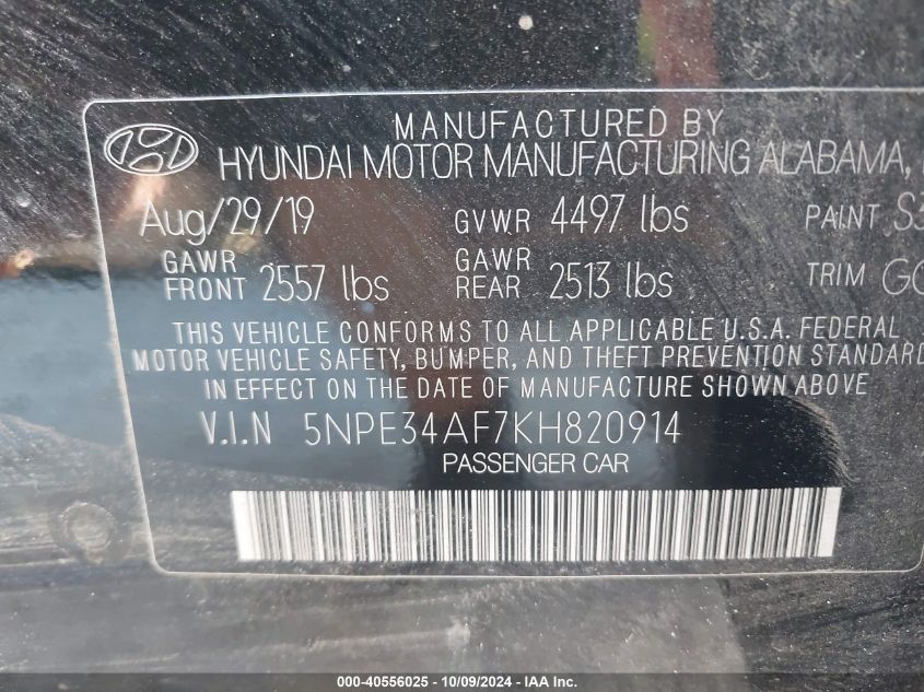 5NPE34AF7KH820914 2019 Hyundai Sonata Sel