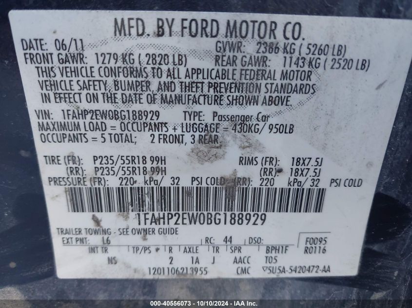 2011 Ford Taurus Sel VIN: 1FAHP2EW0BG188929 Lot: 40556073