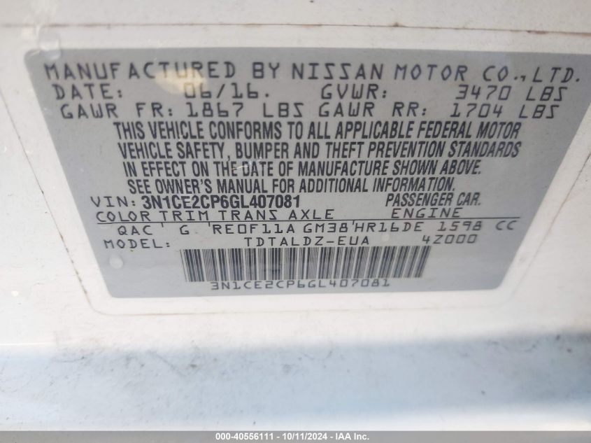 3N1CE2CP6GL407081 2016 Nissan Versa Note S (Sr)/S Plus/Sl/Sr/Sv