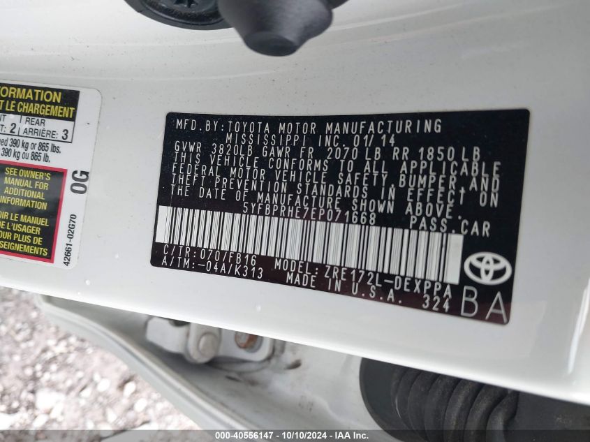 5YFBPRHE7EP071668 2014 Toyota Corolla Le Eco Plus