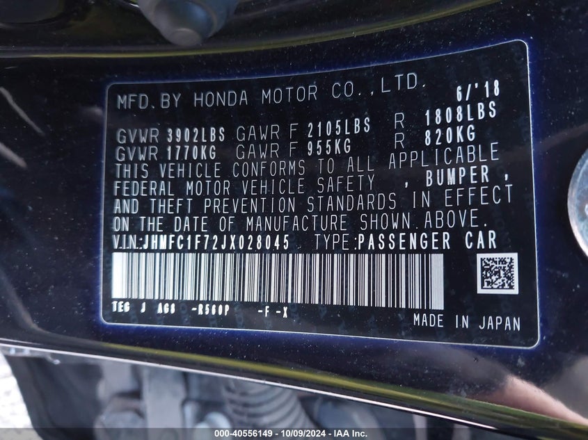 VIN JHMFC1F72JX028045 2018 HONDA CIVIC EX-L