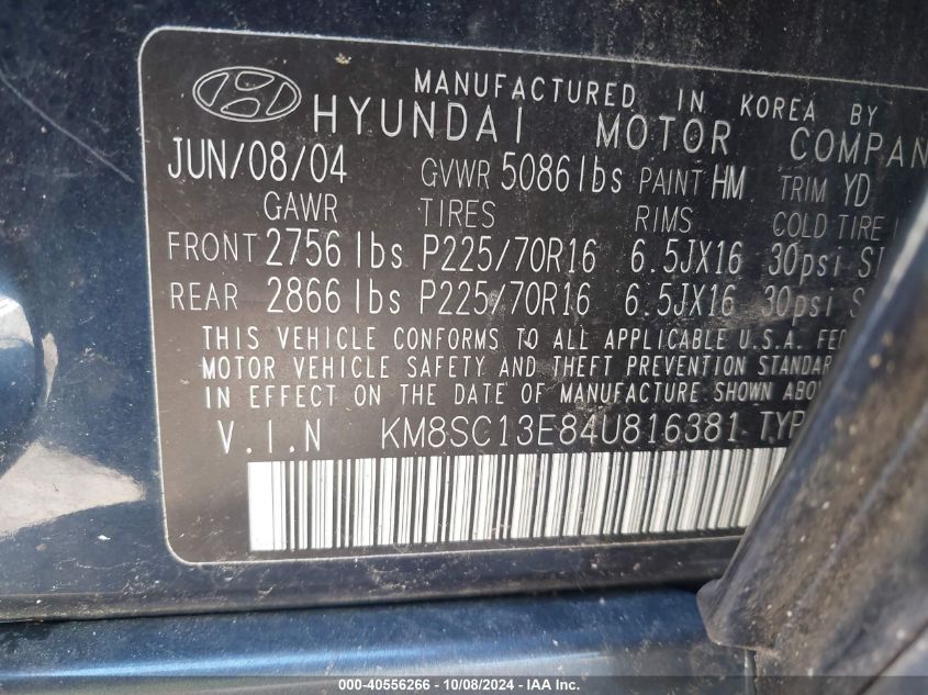 2004 Hyundai Santa Fe Gls/Lx VIN: KM8SC13E84U816381 Lot: 40556266