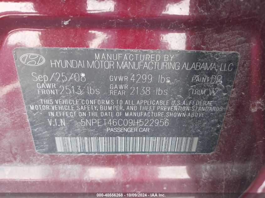 5NPET46C09H522956 2009 Hyundai Sonata Gls