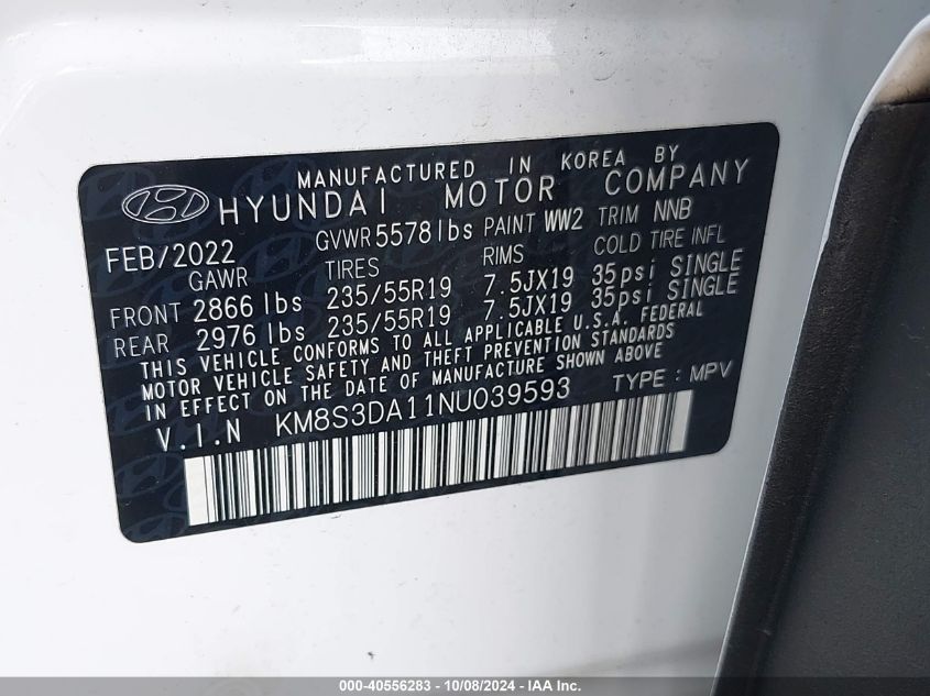 2022 Hyundai Santa Fe Hybrid Sel Premium VIN: KM8S3DA11NU039593 Lot: 40556283