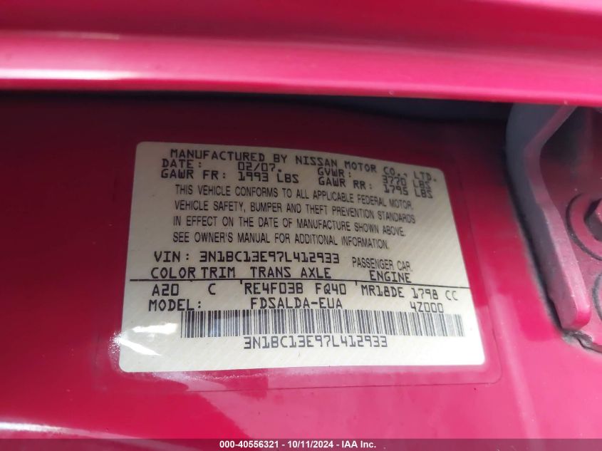 2007 Nissan Versa 1.8S VIN: 3N1BC13E97L414293 Lot: 40556321