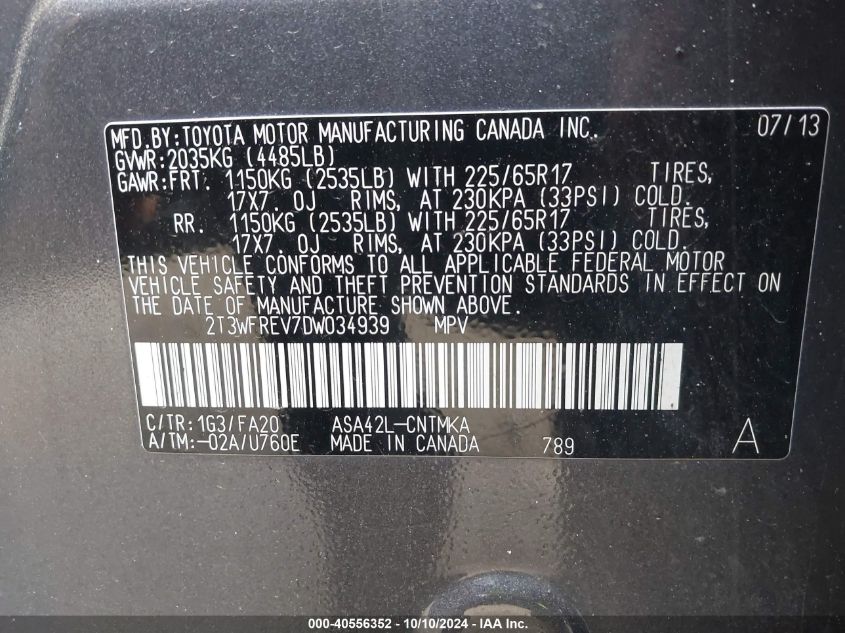 2T3WFREV7DW034939 2013 Toyota Rav4 Xle