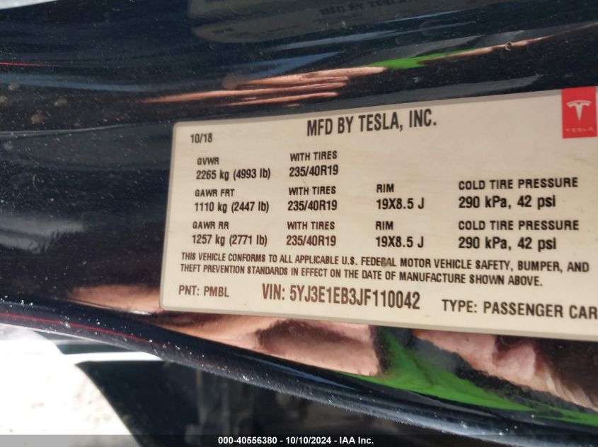 2018 TESLA MODEL 3 LONG RANGE/PERFORMANCE - 5YJ3E1EB3JF110042