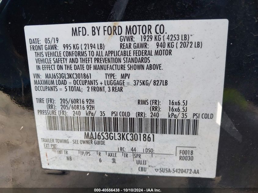 MAJ6S3GL3KC301861 2019 Ford Ecosport Se