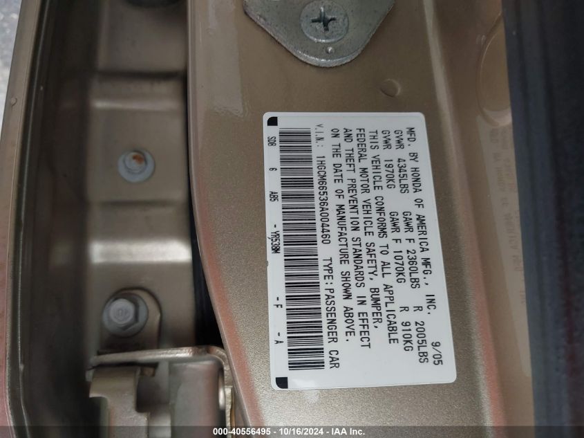 2006 Honda Accord 3.0 Ex VIN: 1HGCM66536A004460 Lot: 40556495