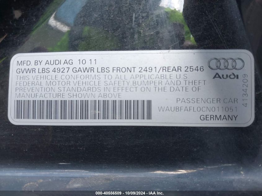 2012 Audi A4 2.0T Premium VIN: WAUBFAFL0CN011051 Lot: 40556509