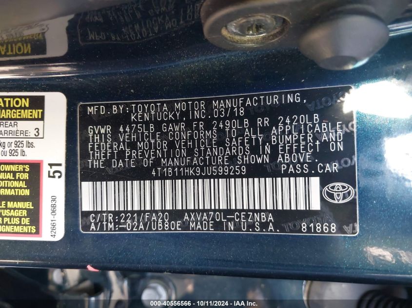 VIN 4T1B11HK9JU599259 2018 Toyota Camry, LE no.9