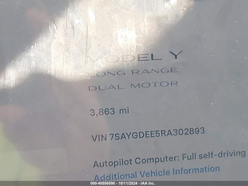 2024 Tesla Model Y Long Range Dual Motor All-Wheel Drive VIN: 7SAYGDEE5RA302893 Lot: 40556598