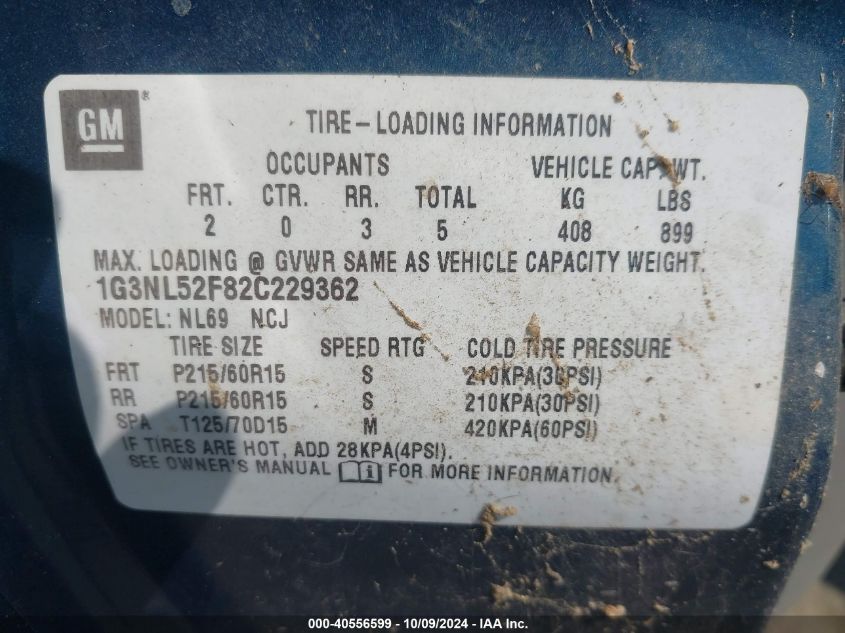 1G3NL52F82C229362 2002 Oldsmobile Alero Gl1