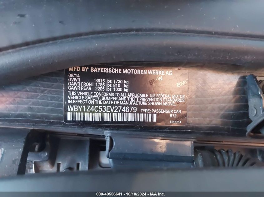 2014 BMW I3 Base W/Range Extender VIN: WBY1Z4C53EV274679 Lot: 40556641