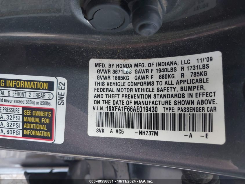 19XFA1F66AE019430 2010 Honda Civic Lx-S