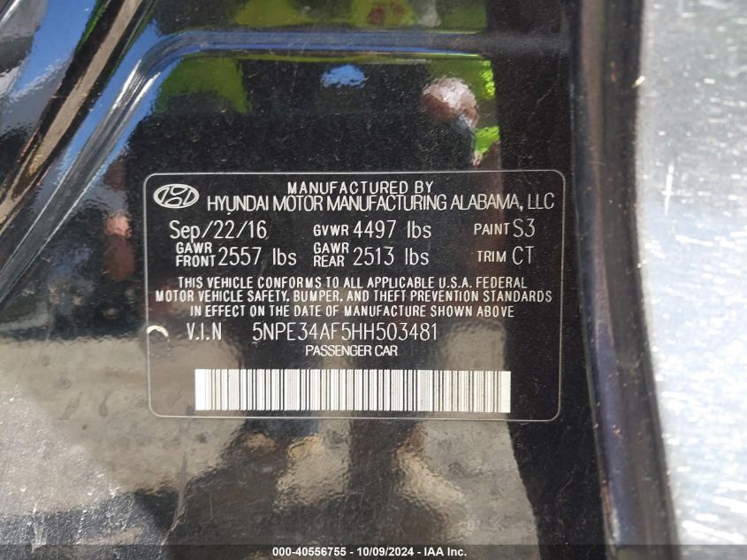 VIN 5NPE34AF5HH503481 2017 Hyundai Sonata, Sport no.9