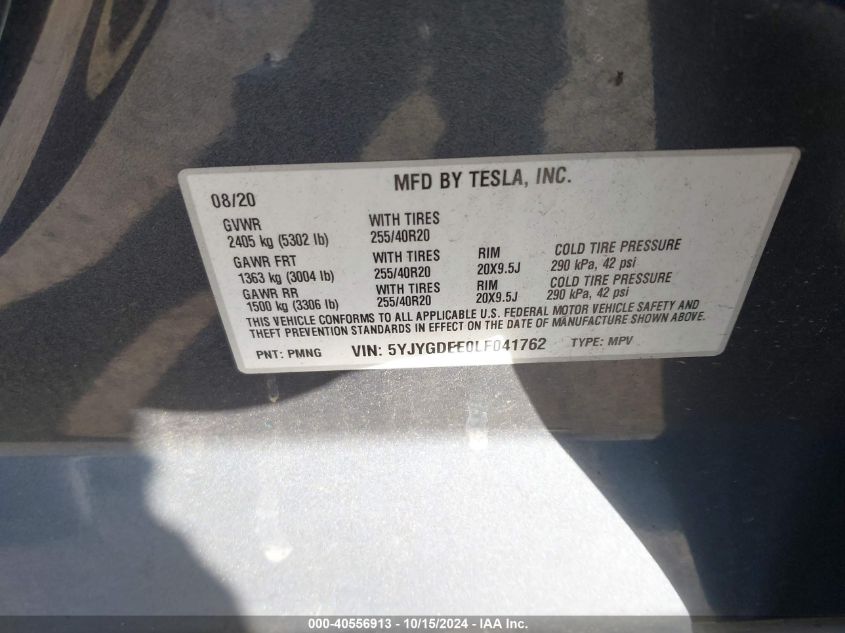 2020 Tesla Model Y Long Range Dual Motor All-Wheel Drive VIN: 5YJYGDEE0LF041762 Lot: 40556913