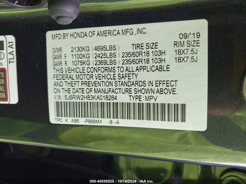 2019 HONDA CR-V EX-L - 5J6RW2H83KA018284