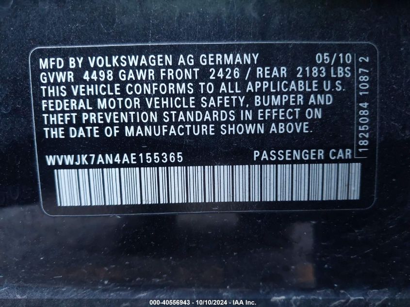 WVWJK7AN4AE155365 2010 Volkswagen Passat Komfort