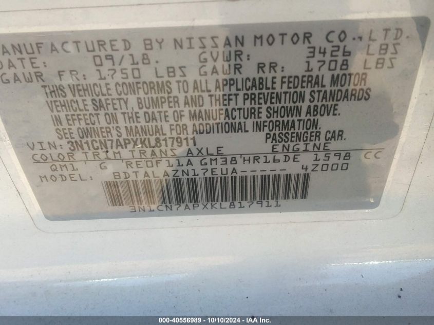 3N1CN7APXKL817911 2019 Nissan Versa 1.6 S+