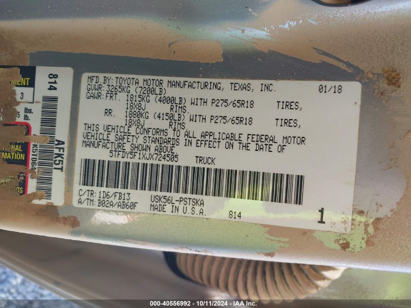 5TFDY5F1XJX724505 2018 Toyota Tundra Sr5 5.7L V8