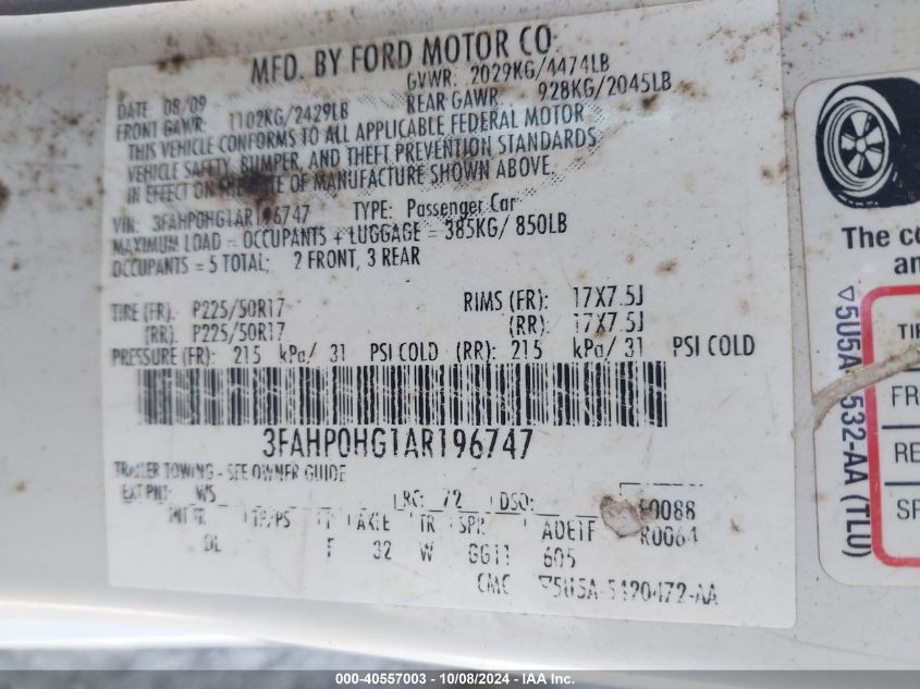 3FAHP0HG1AR196747 2010 Ford Fusion Se