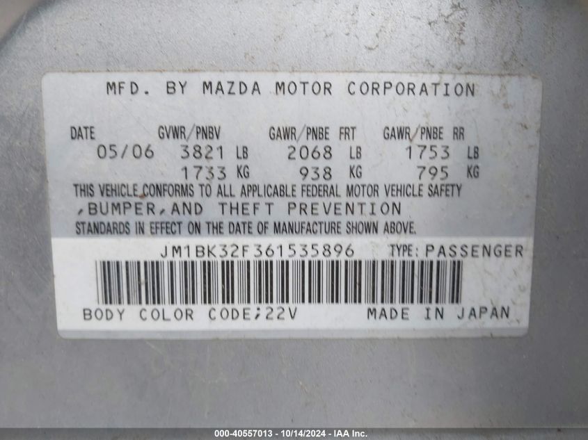 2006 Mazda Mazda3 I VIN: JM1BK32F361535896 Lot: 40557013