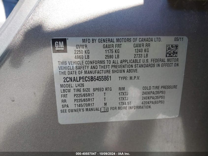 2CNALPEC5B6455861 2011 Chevrolet Equinox 2Lt