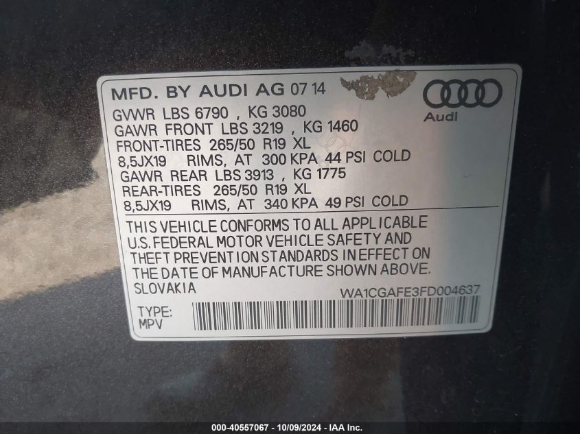 2015 Audi Q7 3.0T Premium VIN: WA1CGAFE3FD004637 Lot: 40557067