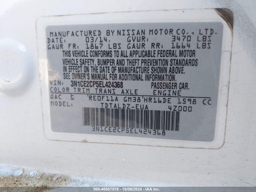 3N1CE2CP5EL424368 2014 Nissan Versa Note S/S Plus/Sv/Sl