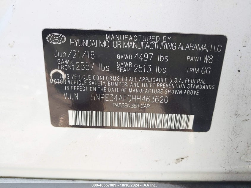 VIN 5NPE34AF0HH463620 2017 HYUNDAI SONATA LIMITED
