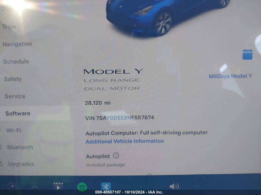 2022 Tesla Model Y Long Range Dual Motor All-Wheel Drive VIN: 7SAYGDEE8NF557874 Lot: 40557107