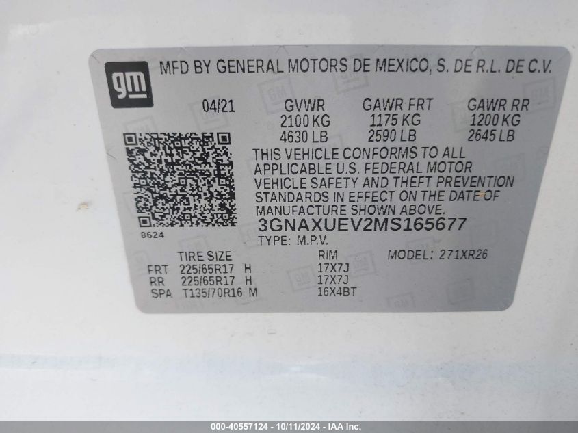 3GNAXUEV2MS165677 2021 Chevrolet Equinox Lt