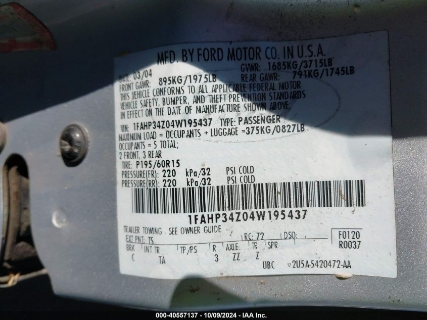 1FAHP34Z04W195437 2004 Ford Focus Se