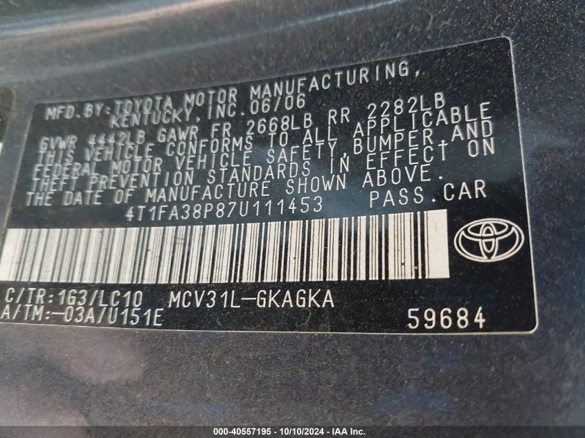 4T1FA38P87U111453 2007 Toyota Camry Solara Sle