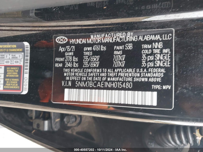 VIN 5NMJBCAE1NH015480 2022 HYUNDAI TUCSON SEL