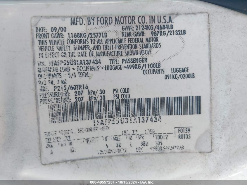 2001 Ford Taurus Ses VIN: 1FAFP55U31A137434 Lot: 40557257
