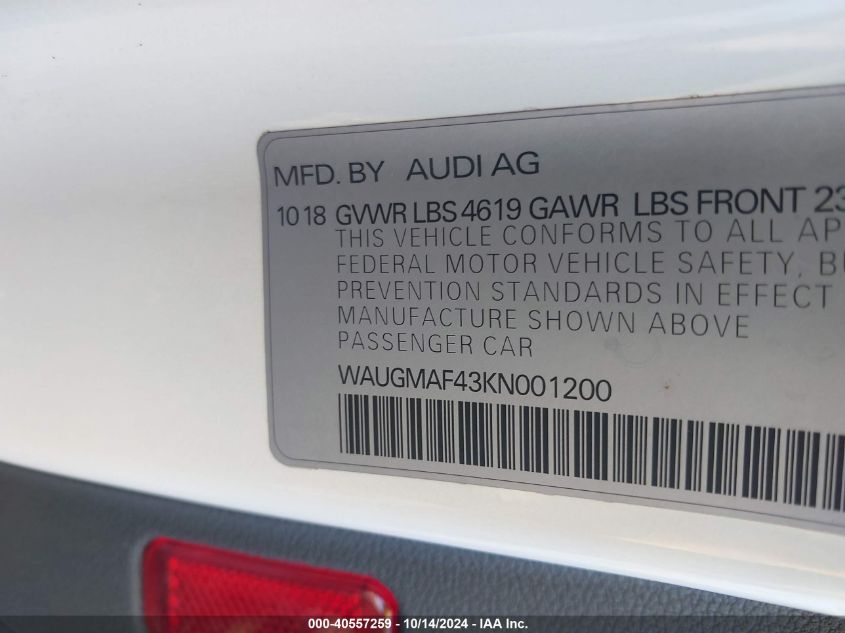 2019 AUDI A4 40 PREMIUM/40 TITANIUM PREMIUM - WAUGMAF43KN001200