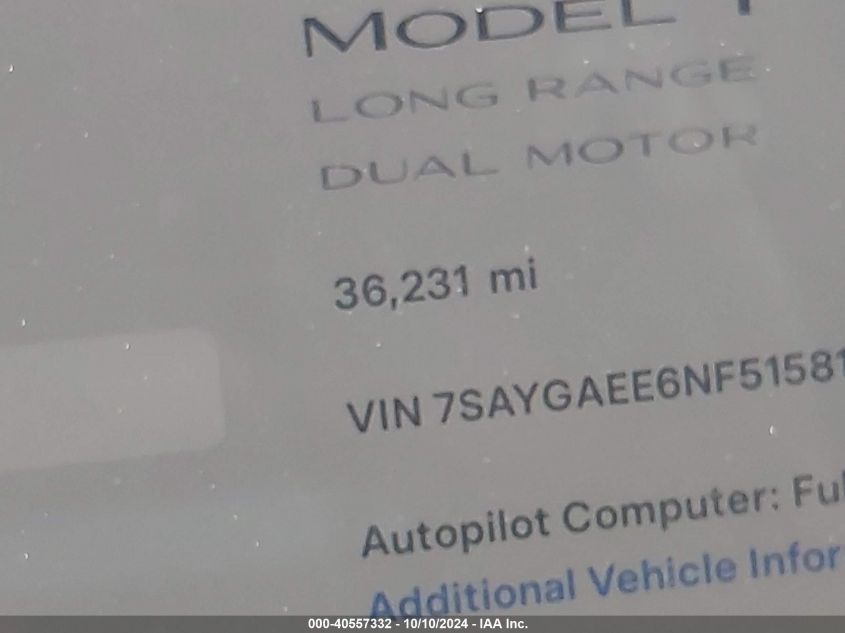 2022 Tesla Model Y Long Range Dual Motor All-Wheel Drive VIN: 7SAYGAEE6NF515816 Lot: 40557332