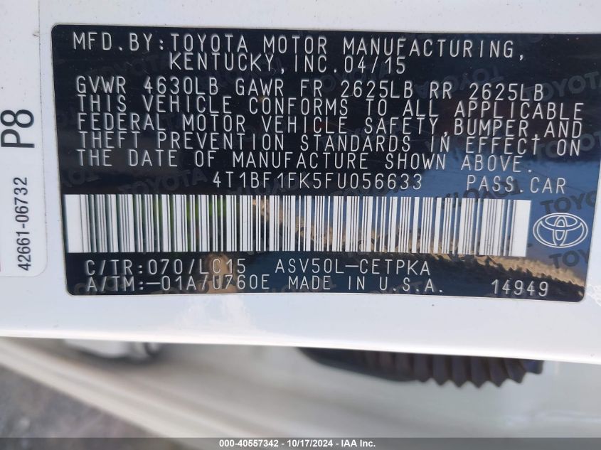 2015 Toyota Camry Xse VIN: 4T1BF1FK5FU056633 Lot: 41776286