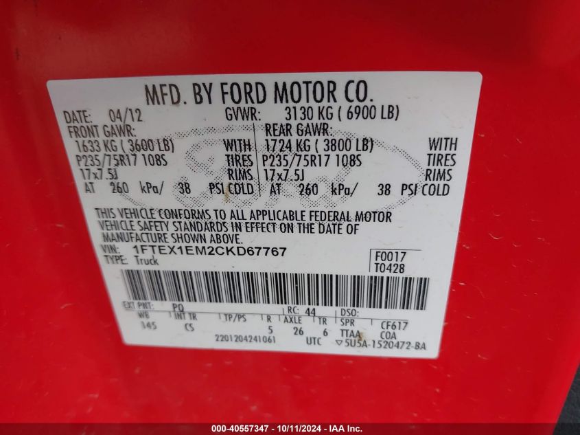 1FTEX1EM2CKD67767 2012 Ford F-150 Stx